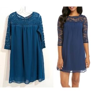 Luxology 3/4 Sleeve Lace Yoke Mini Dress - Teal Blue Green - Size 10 Womens